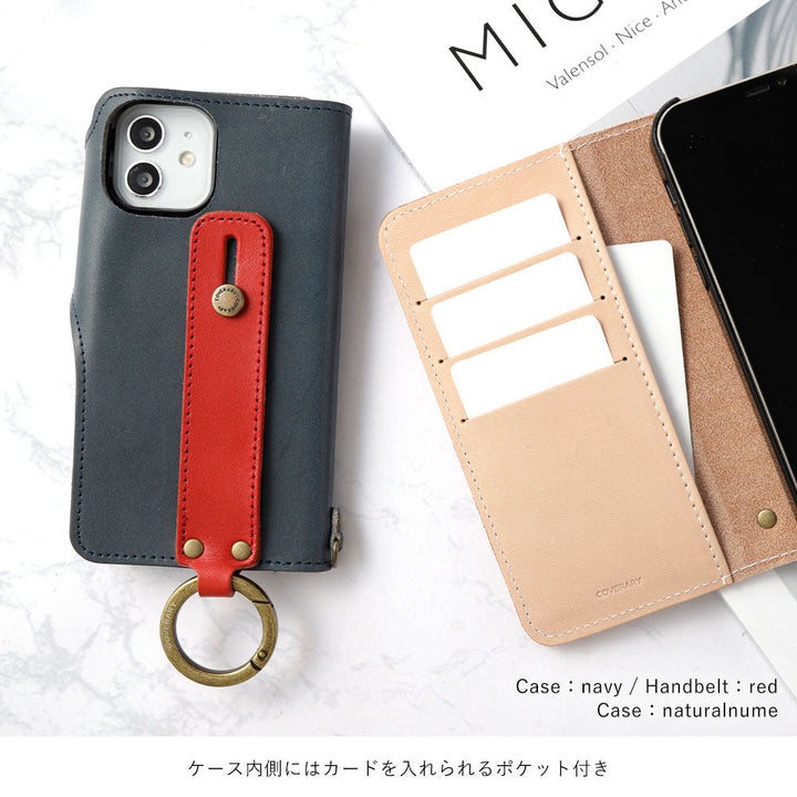 Genuine leather Tochigi leather card storage hand belt attached notebook-style case (with belt) iPhone series