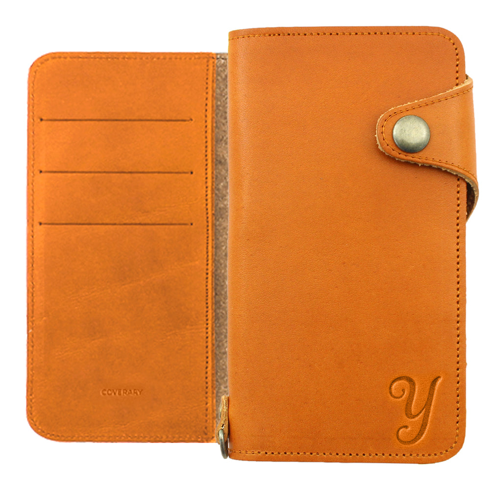 Étui portefeuille en cuir véritable en cuir Tochigi avec rangement pour cartes et initiales (avec ceinture) pour la série Xperia