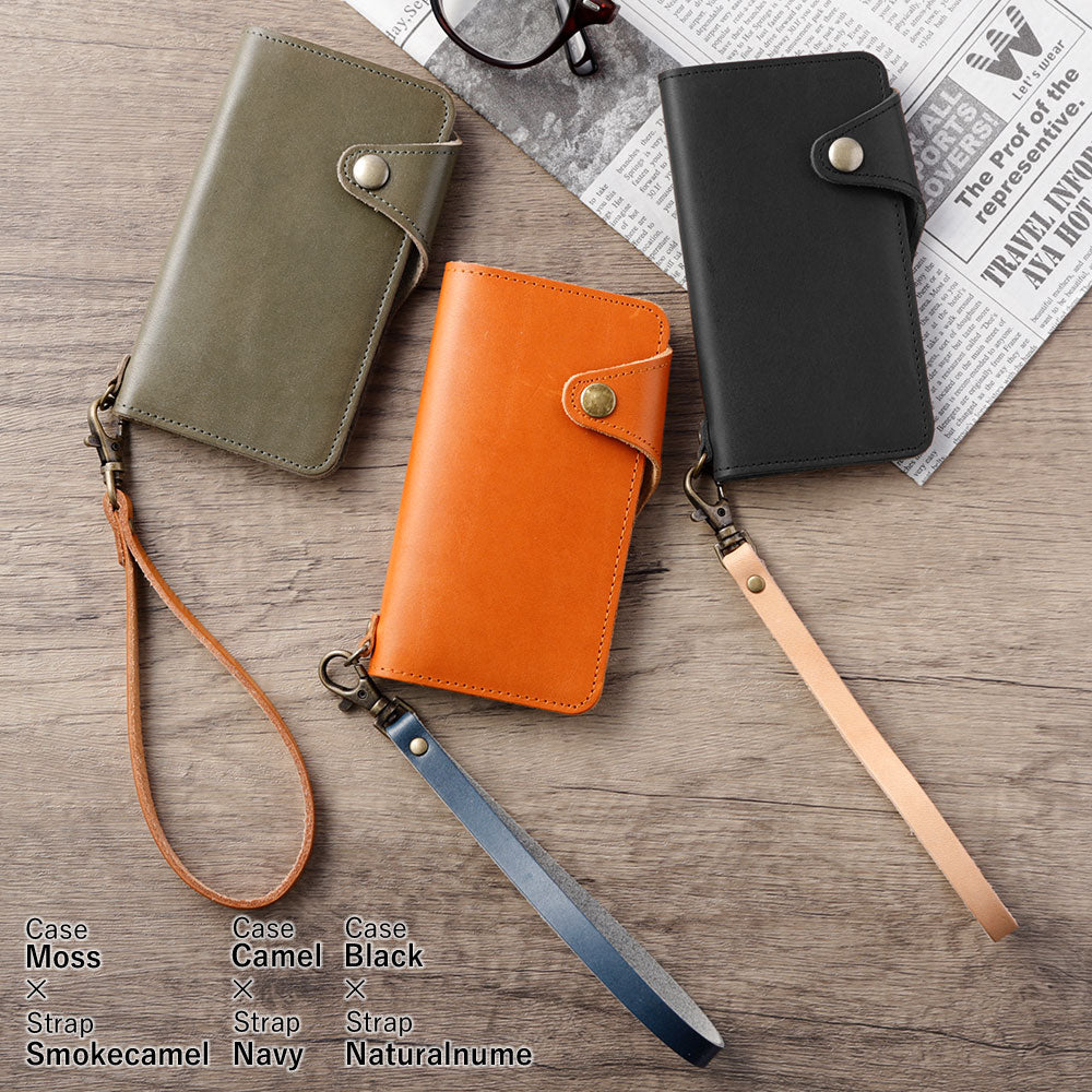 Genuine leather Tochigi leather card storage hand strap attached notebook-style case (with belt) iPhone series