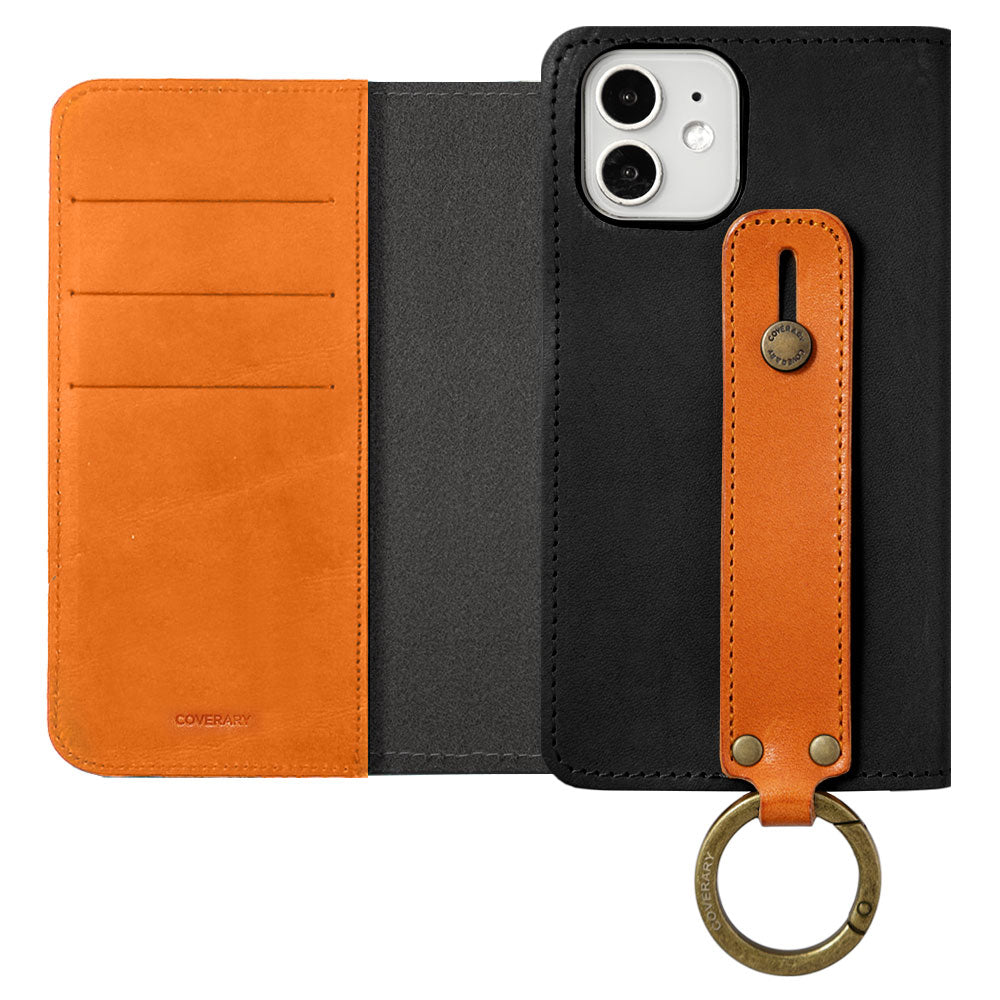 Étui portefeuille en cuir véritable cuir Tochigi bicolore avec rangement pour cartes et poignée pour la série iPhone
