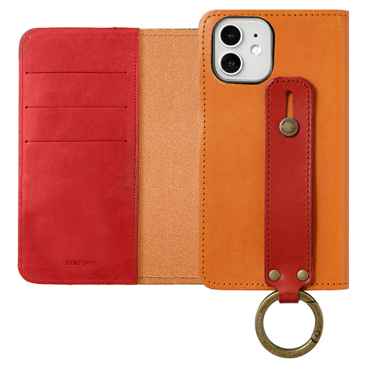 本革 栃木レザー  バイカラー カード収納 ハンドベルト付き 手帳型ケース