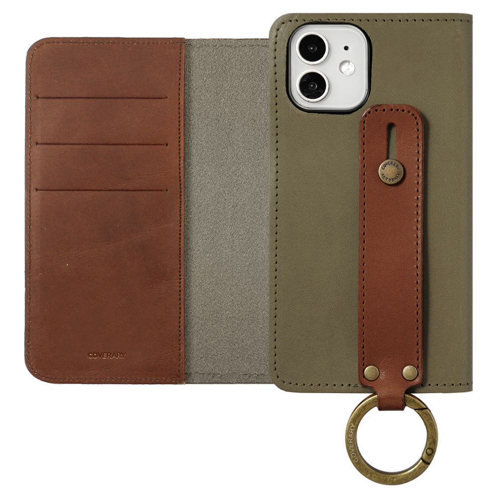 Étui portefeuille en cuir véritable cuir Tochigi bicolore avec rangement pour cartes et poignée pour la série iPhone