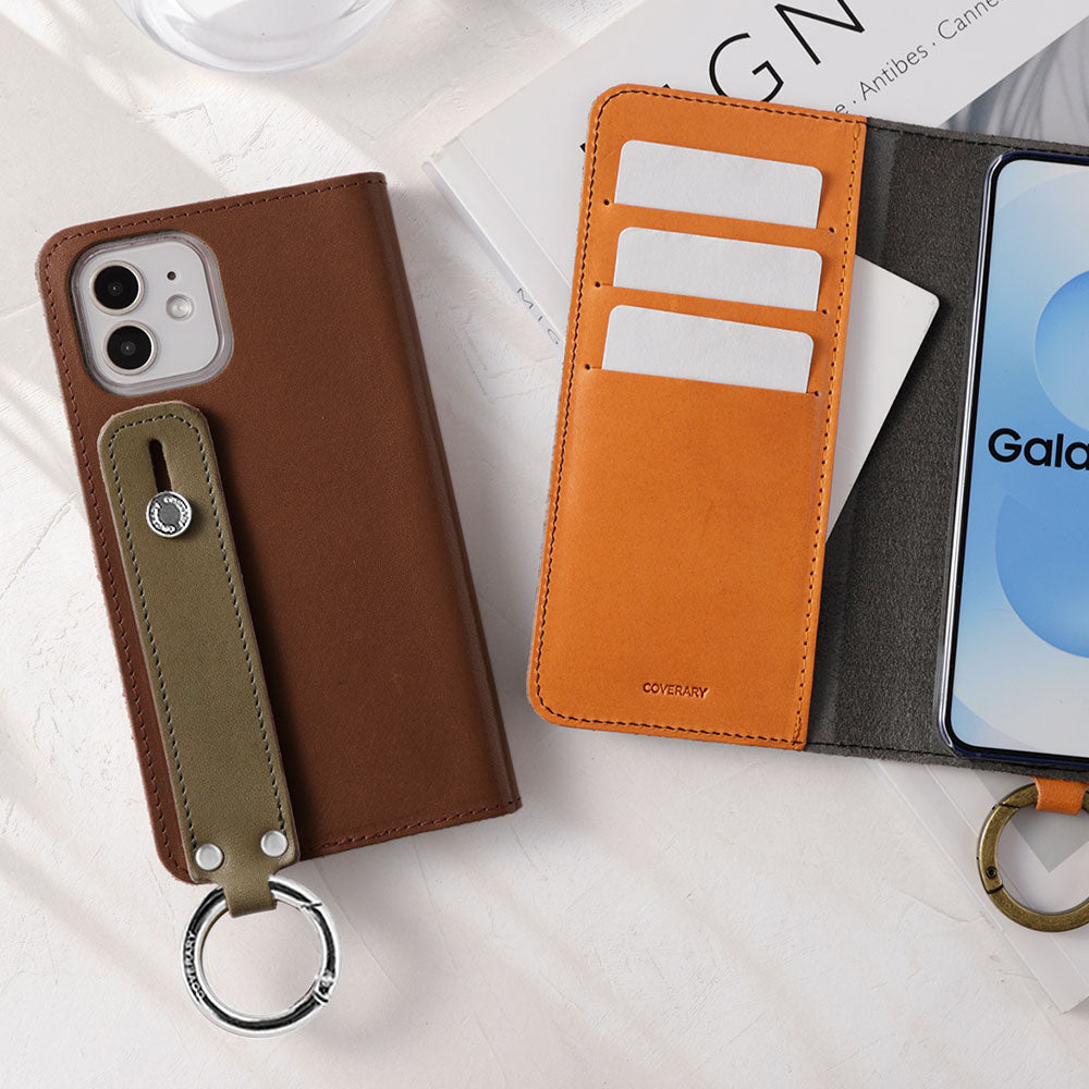 Étui portefeuille en cuir véritable cuir Tochigi bicolore avec rangement pour cartes et poignée pour la série iPhone