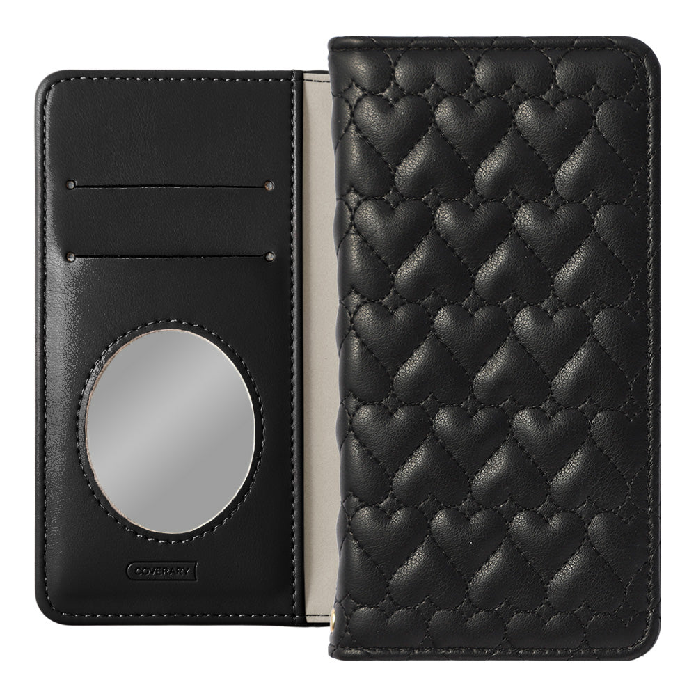 Étui portefeuille avec miroir en cuir végan matelassé cœur pour la série AQUOS