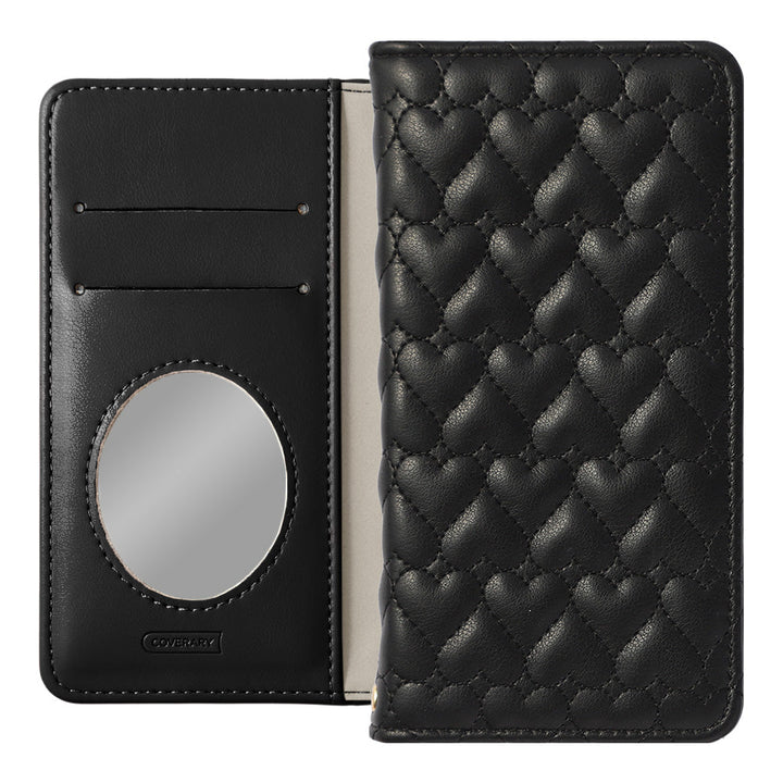 Étui portefeuille avec miroir en cuir végan matelassé cœur pour la série AQUOS