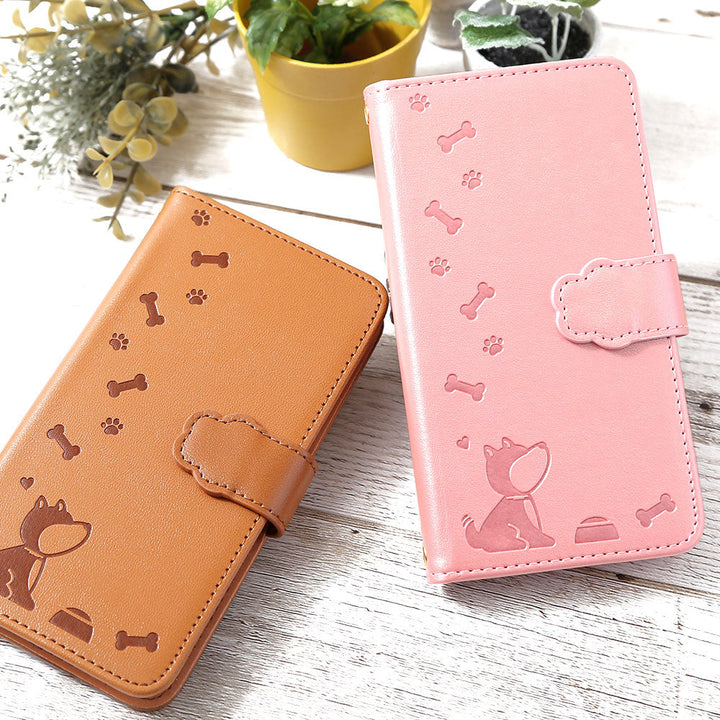 Vegan leather dog pattern embossed wallet case (with belt) for iPhone series