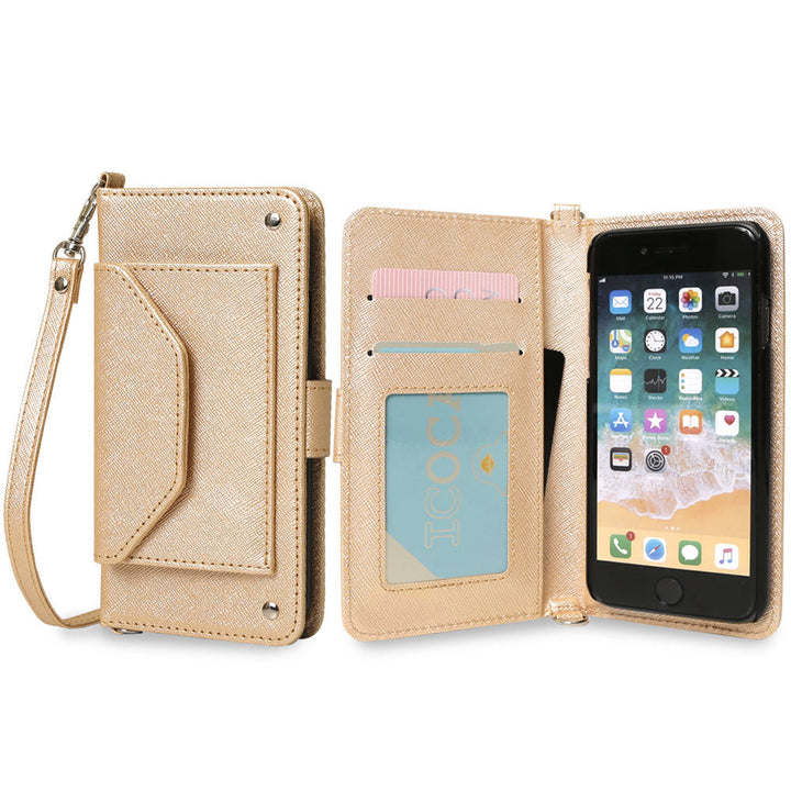 Vegan leather pocket strap attached Saffiano leather-style folio case (with belt) for iPhone series