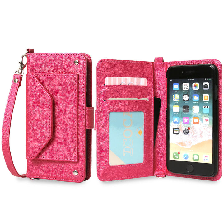 Vegan leather pocket strap attached Saffiano leather-style folio case (with belt) for iPhone series