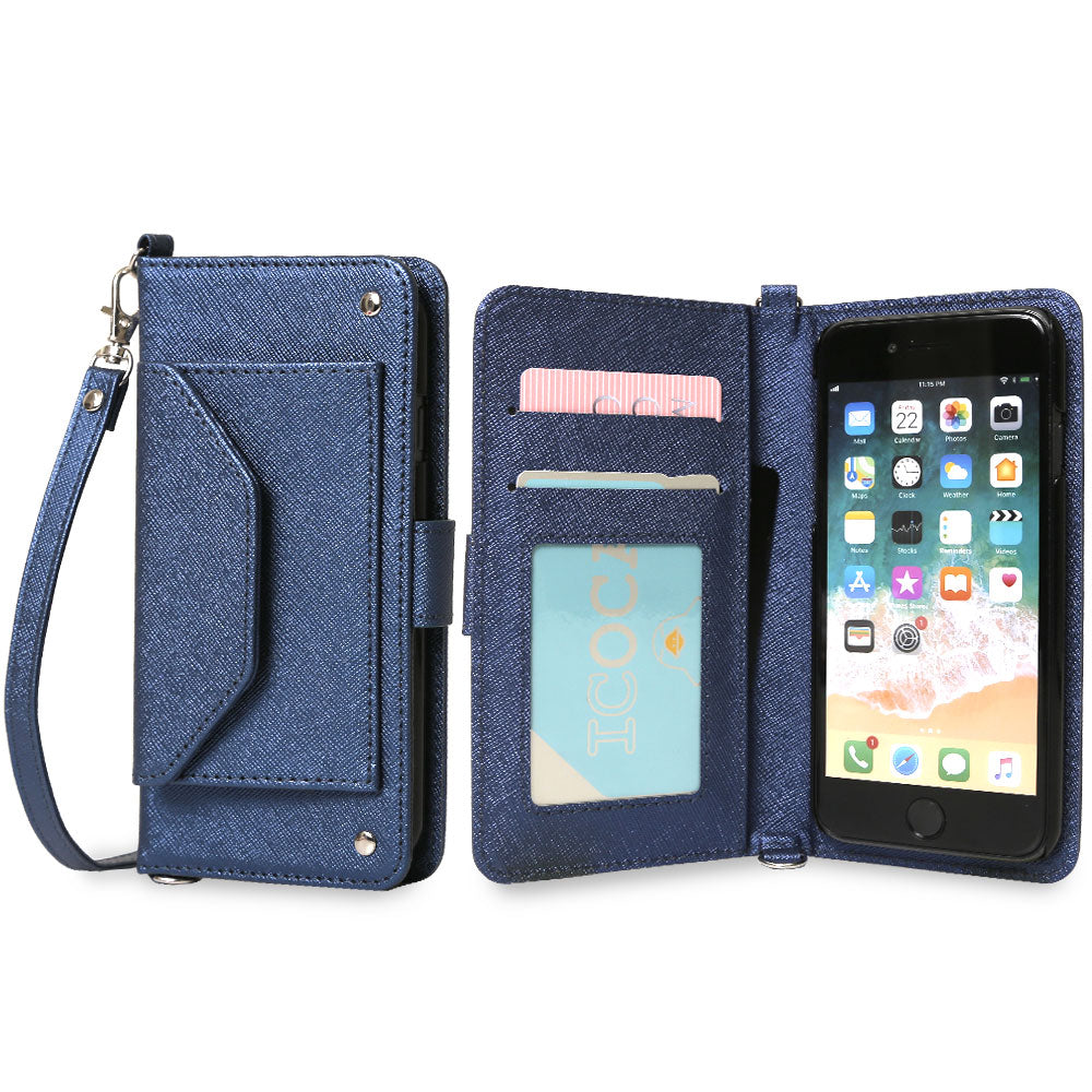 Vegan leather pocket strap attached Saffiano leather-style folio case (with belt) for iPhone series