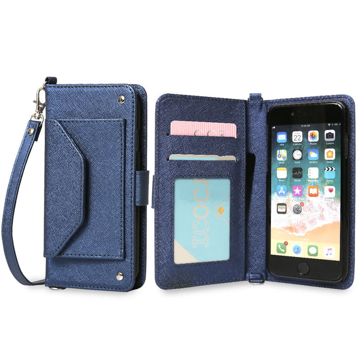 Vegan leather pocket strap attached Saffiano leather-style folio case (with belt) for iPhone series