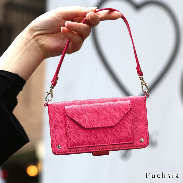 Vegan leather pocket strap attached Saffiano leather-style folio case (with belt) for iPhone series