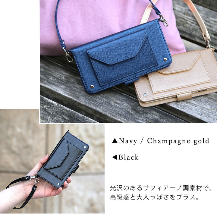 Vegan leather pocket strap attached Saffiano leather-style notebook case (with belt) Galaxy series