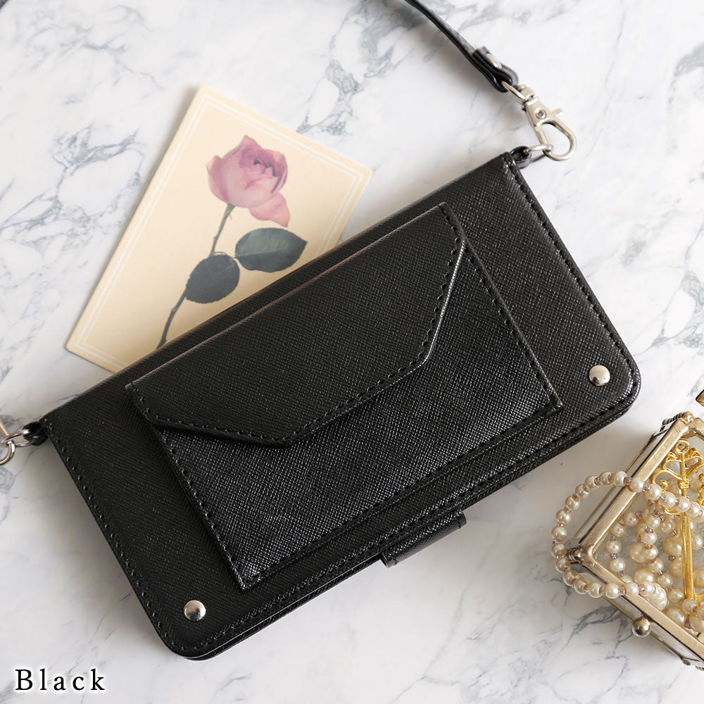 Vegan leather pocket strap attached Saffiano leather-style folio case (with belt) for iPhone series