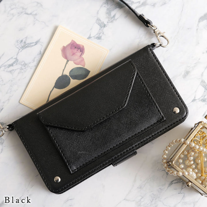 Vegan leather pocket strap attached Saffiano leather-style notebook case (with belt) Galaxy series