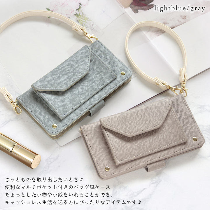 Vegan leather basic color pocket strap attached notebook-style case (with belt) for iPhone series