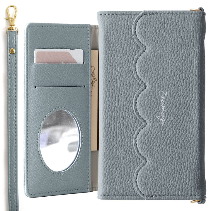 Vegan leather tri-fold scallop-shaped printed name strap attached notebook-style case AQUOS series