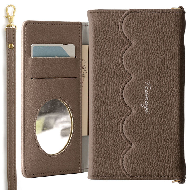 Vegan leather tri-fold scallop-shaped printed name strap attached notebook-style case Xperia series