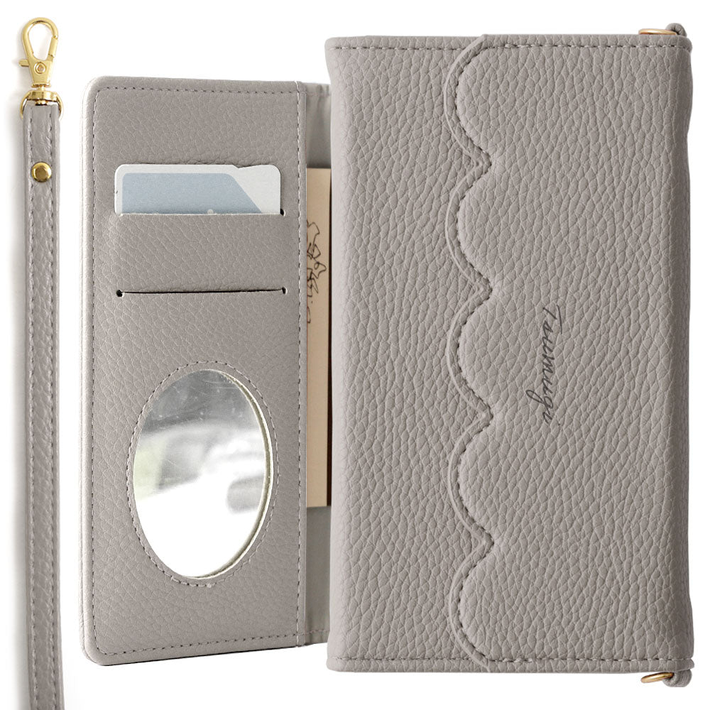 Vegan leather tri-fold scallop-shaped printed name strap attached notebook-style case AQUOS series