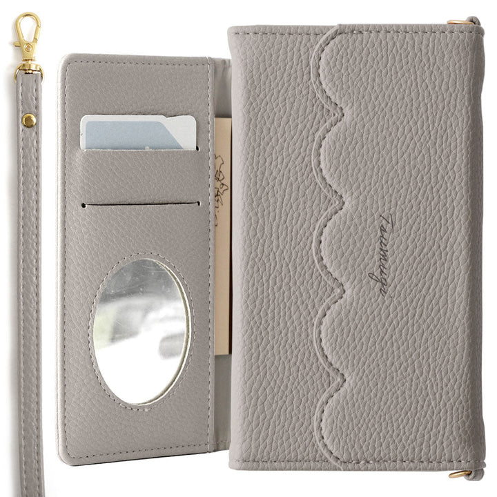 Vegan leather tri-fold scallop-shaped printed name strap attached notebook-style case Xperia series