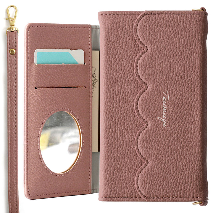 Vegan leather tri-fold scallop-shaped printed name strap attached notebook-style case AQUOS series