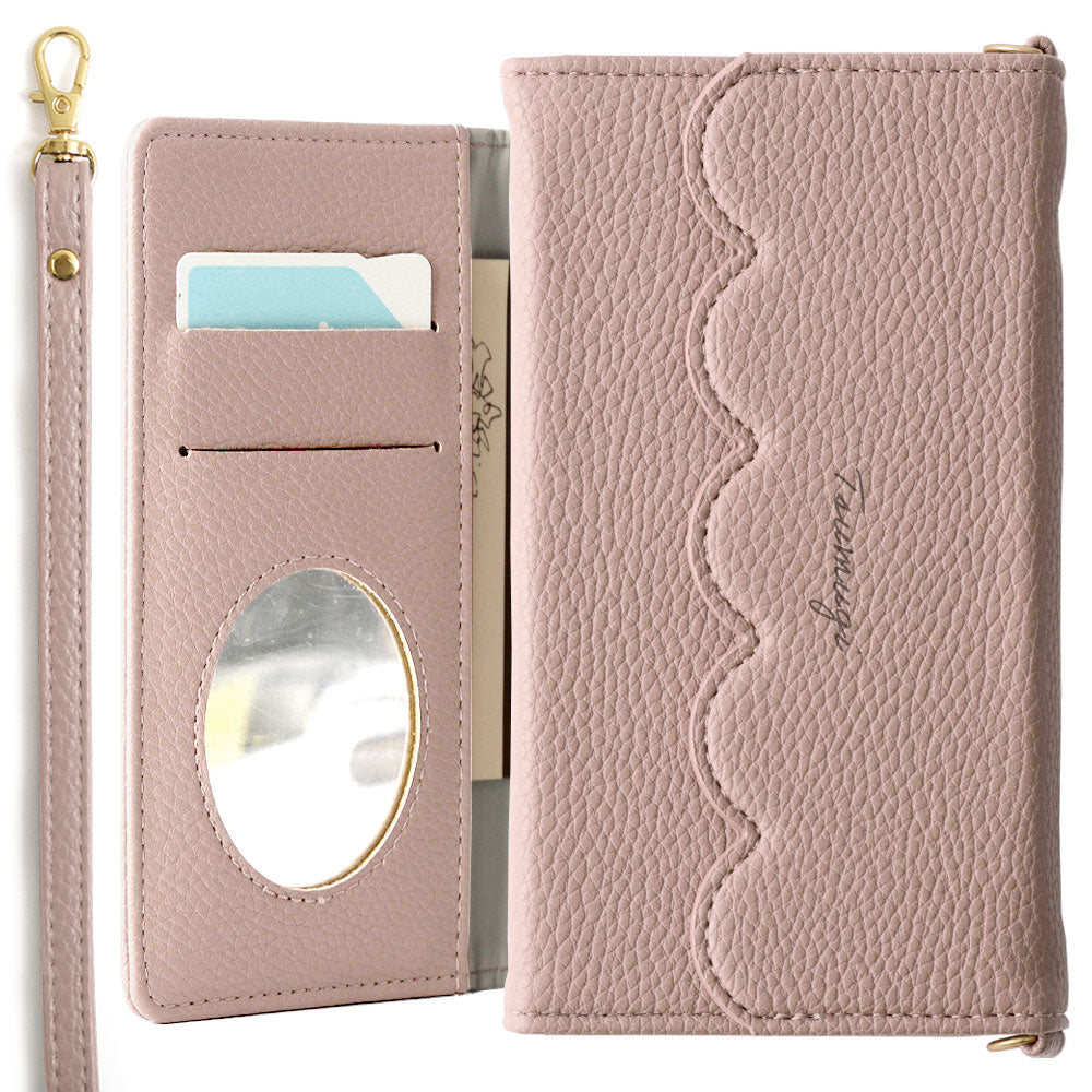 Vegan leather tri-fold scallop-shaped printed name strap attached notebook-style case Xperia series