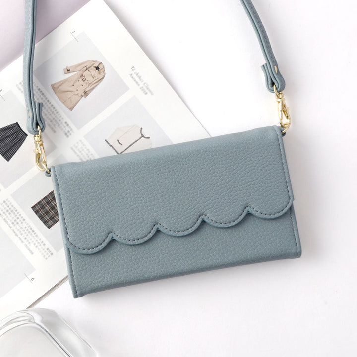 Vegan leather tri-fold scallop-shaped strap-attached wallet case for Google Pixel series