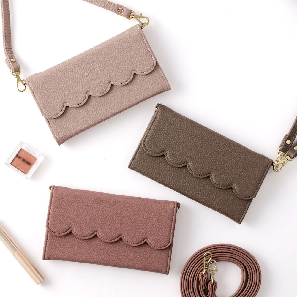 Vegan leather tri-fold scallop-shaped strap-attached wallet case for Google Pixel series