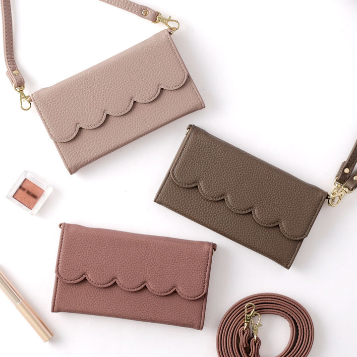 Vegan leather tri-fold scallop-shaped strap-attached wallet case for Google Pixel series