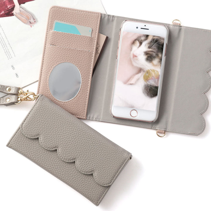 Vegan leather tri-fold scallop-shaped strap-attached wallet case for Google Pixel series