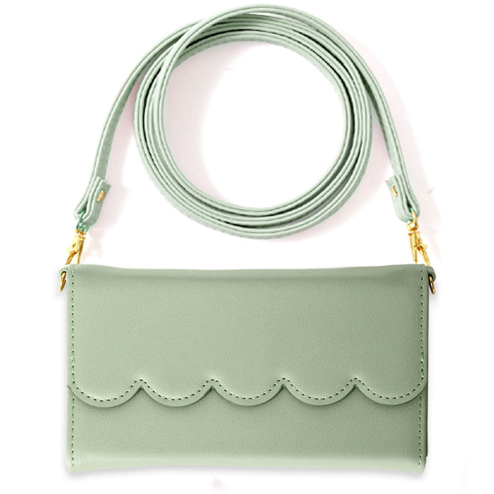 Vegan leather tri-fold pastel color strap-attached wallet case for iPhone series