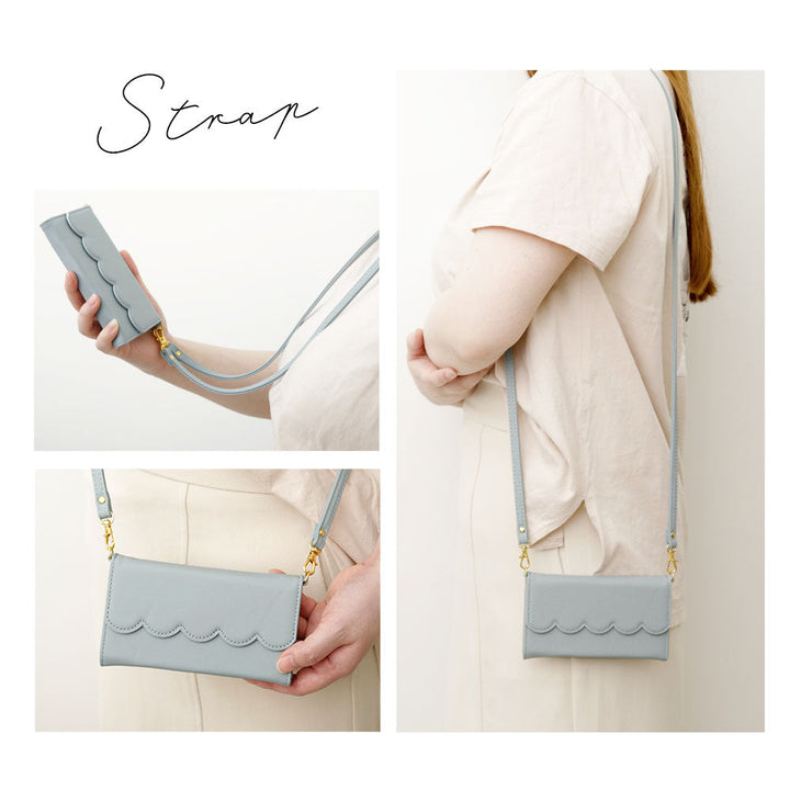 Vegan leather tri-fold pastel color strap-attached wallet case for iPhone series