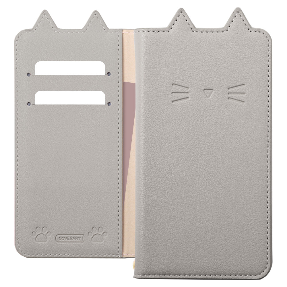 ヴィーガンレザー ネコモチーフ スタンド機能 手帳型ケース iPhoneシリーズ