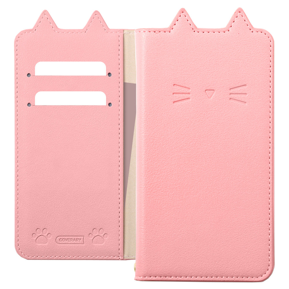 ヴィーガンレザー ネコモチーフ スタンド機能 手帳型ケース Galaxyシリーズ