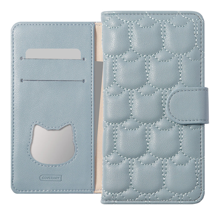 Vegan Leather Cat Quilting Wallet Case (with Belt) AQUOS Series