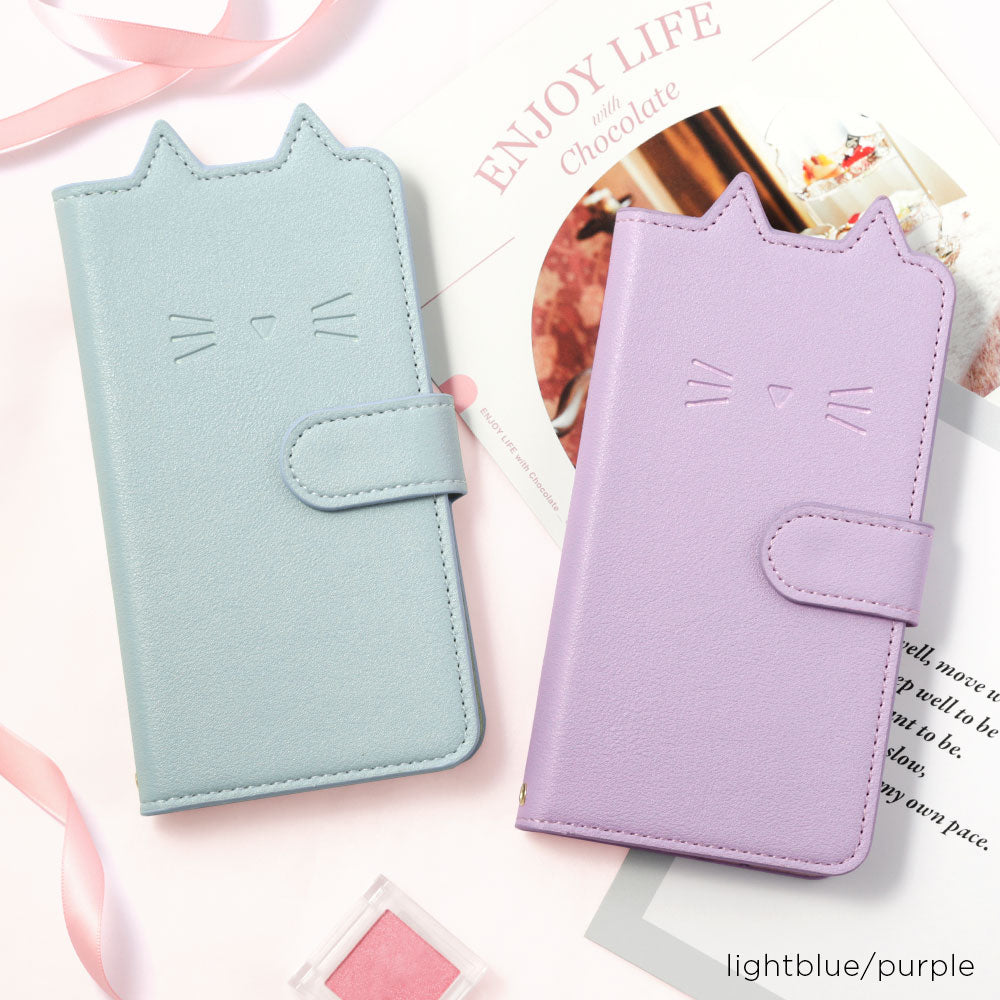 Vegan leather cat motif stand function notebook-style case (with belt)