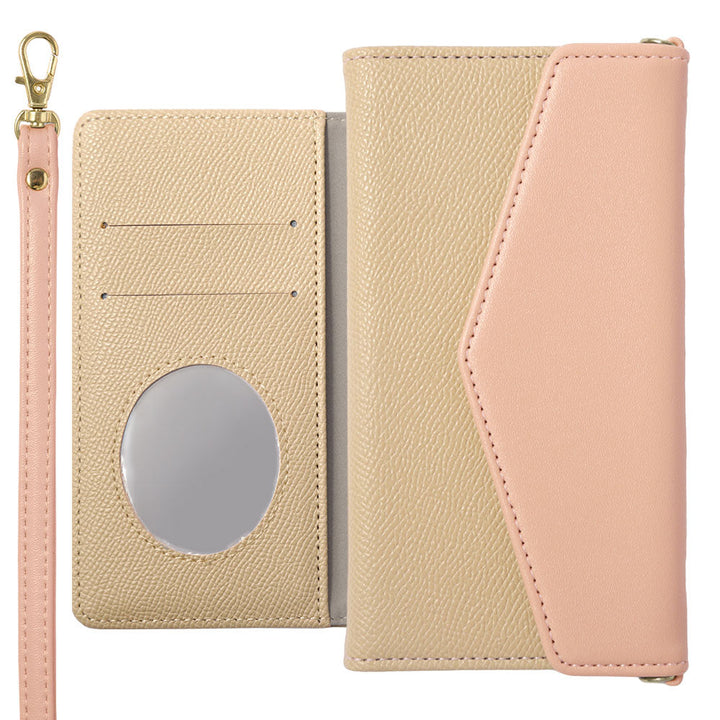 Étui portefeuille bicolore en cuir végan avec rabat à trois volets et sangle pour la série iPhone