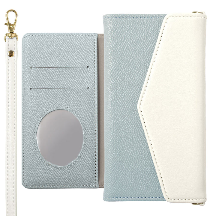 Étui portefeuille à rabat avec sangle, en cuir végan bicolore