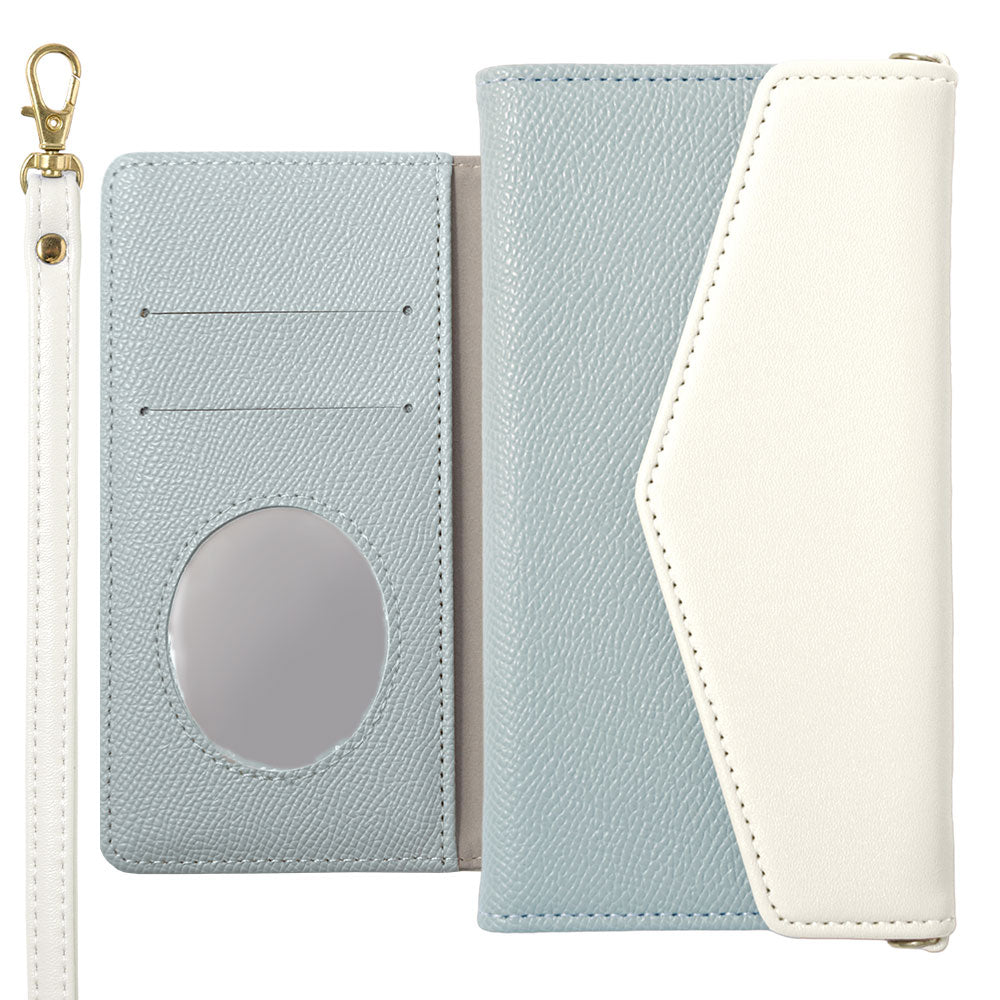 Étui portefeuille bicolore en cuir végan avec rabat à trois volets et sangle pour la série iPhone