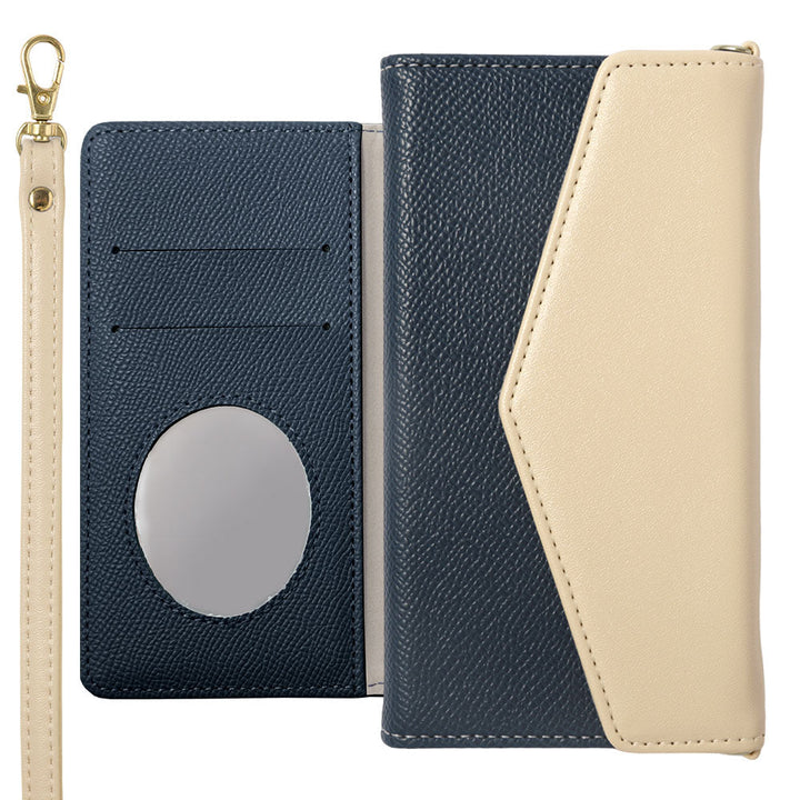 Étui portefeuille bicolore en cuir végan avec rabat à trois volets et sangle pour la série iPhone