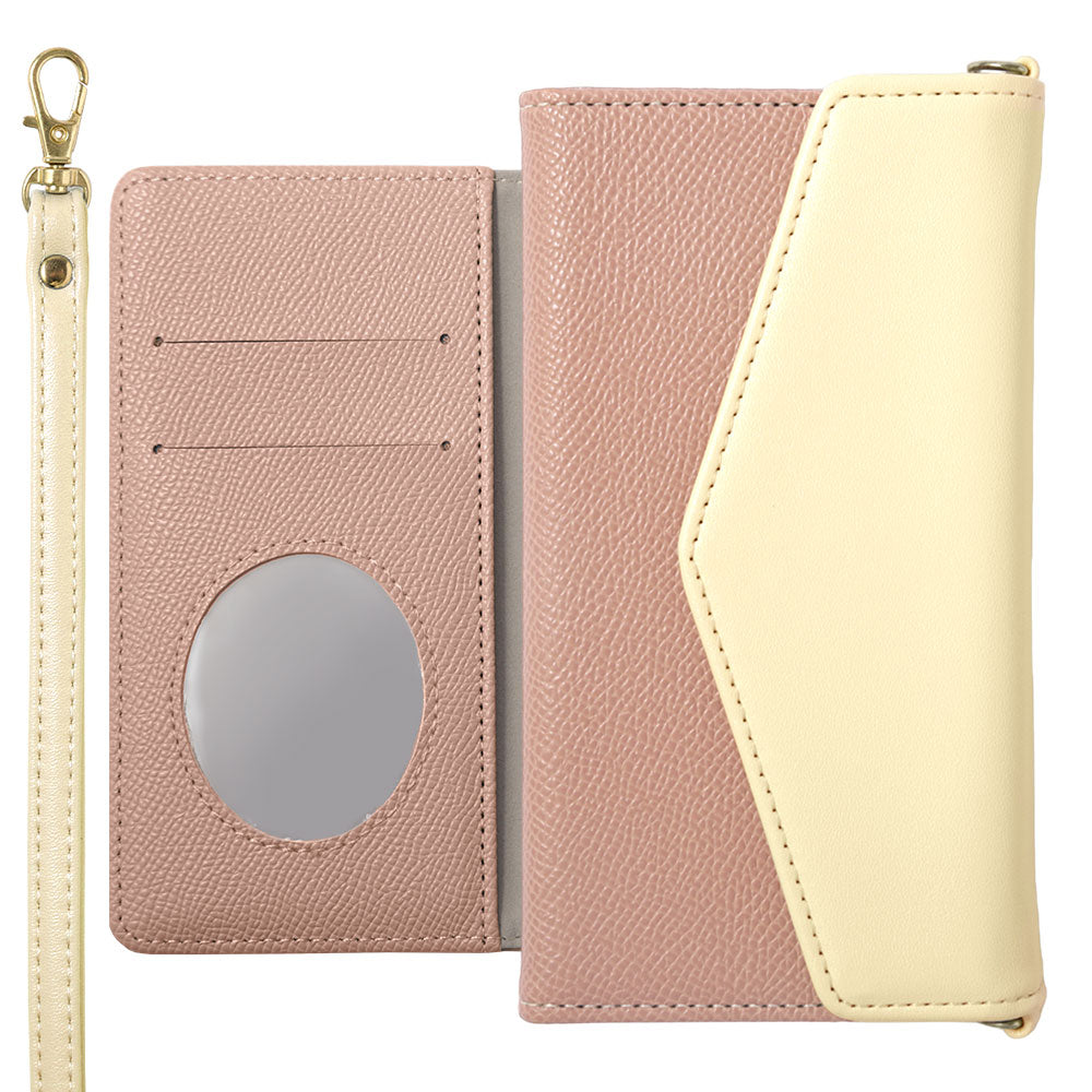 Étui portefeuille à rabat avec sangle, en cuir végan bicolore