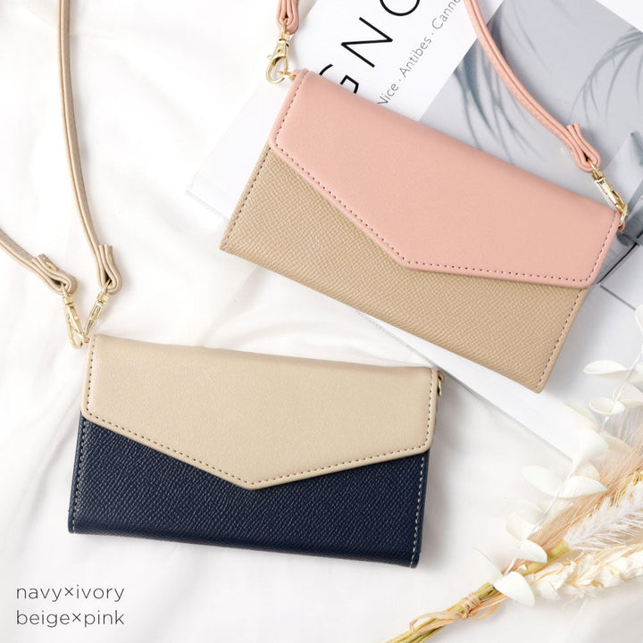 Étui portefeuille bicolore en cuir végan avec rabat à trois volets et sangle pour la série iPhone