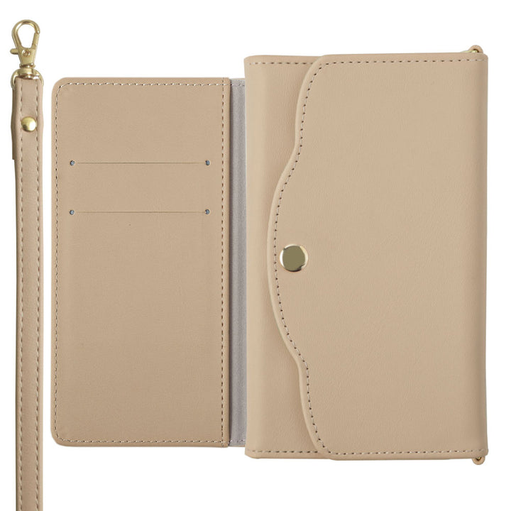 ヴィーガンレザー くすみパステル 三つ折り ミラー＆ストラップ付き 手帳型ケース