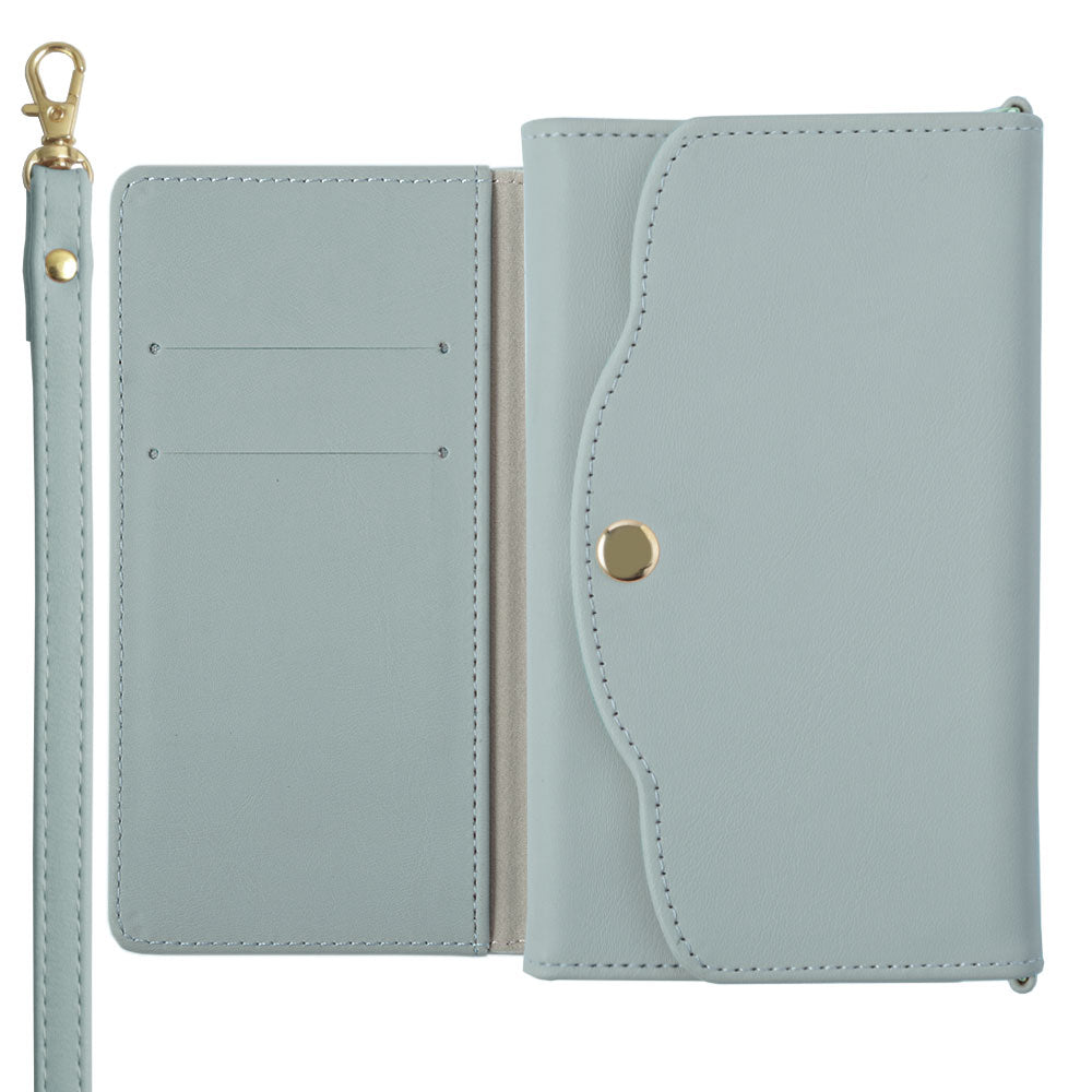 Étui portefeuille avec miroir et sangle, en cuir végan pastel terne, plié en trois, pour la série Xperia