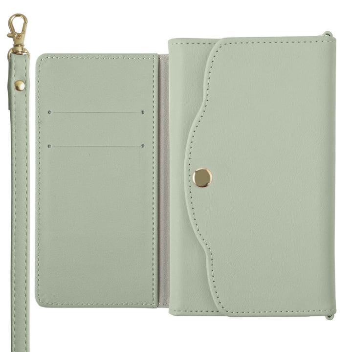 ヴィーガンレザー くすみパステル 三つ折り ミラー＆ストラップ付き 手帳型ケース