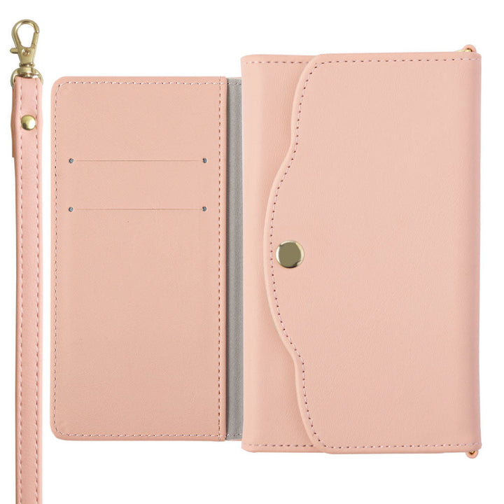 Étui portefeuille avec miroir et sangle, en cuir végan pastel terne, plié en trois, pour la série Xperia