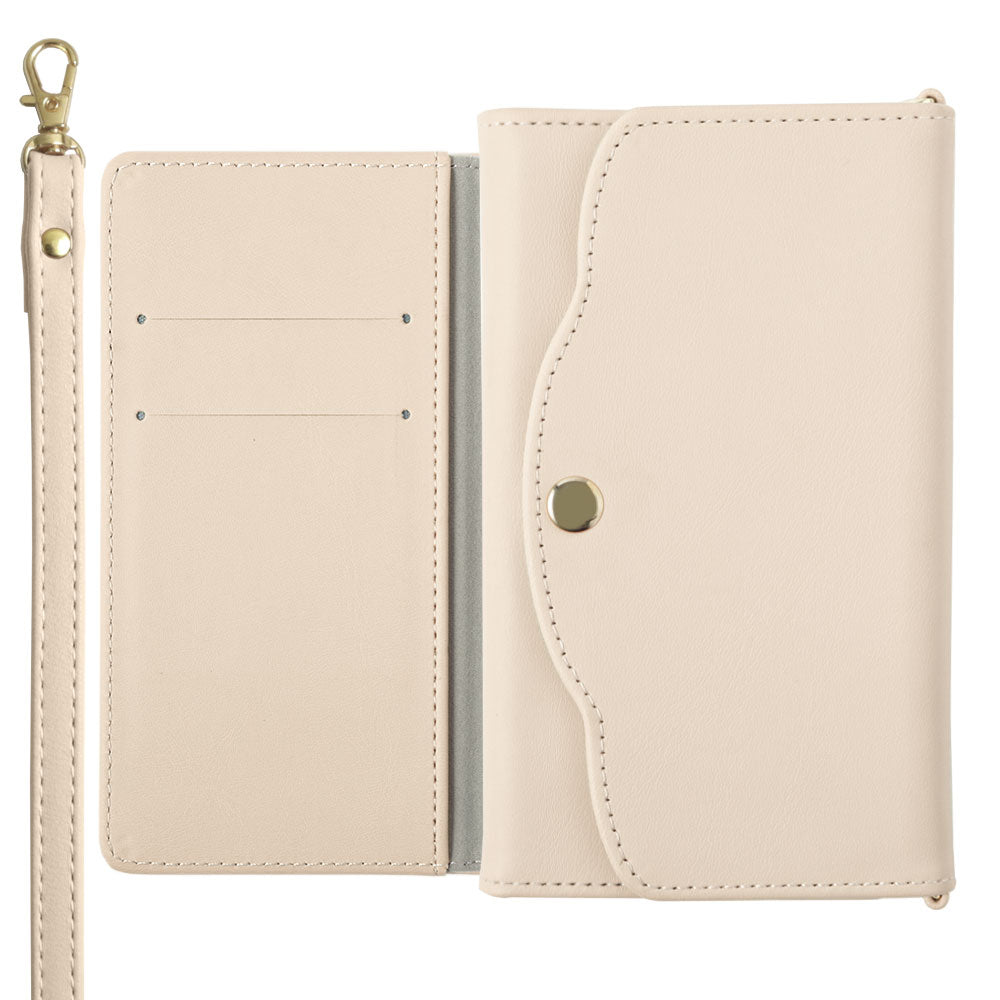 ヴィーガンレザー くすみパステル 三つ折り ミラー＆ストラップ付き 手帳型ケース