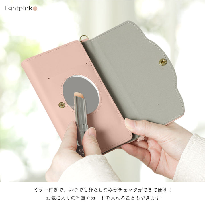 ヴィーガンレザー くすみパステル 三つ折り ミラー＆ストラップ付き 手帳型ケース