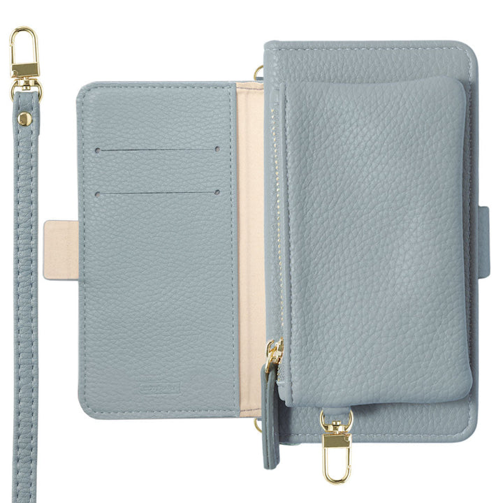 Vegan leather smoky color stand function pouch & shoulder strap included notebook-style case (with belt) AQUOS series