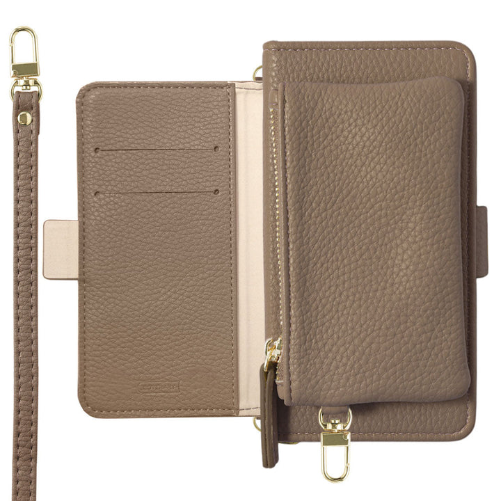 Vegan leather smoky color stand function pouch & shoulder strap included notebook-style case (with belt) AQUOS series