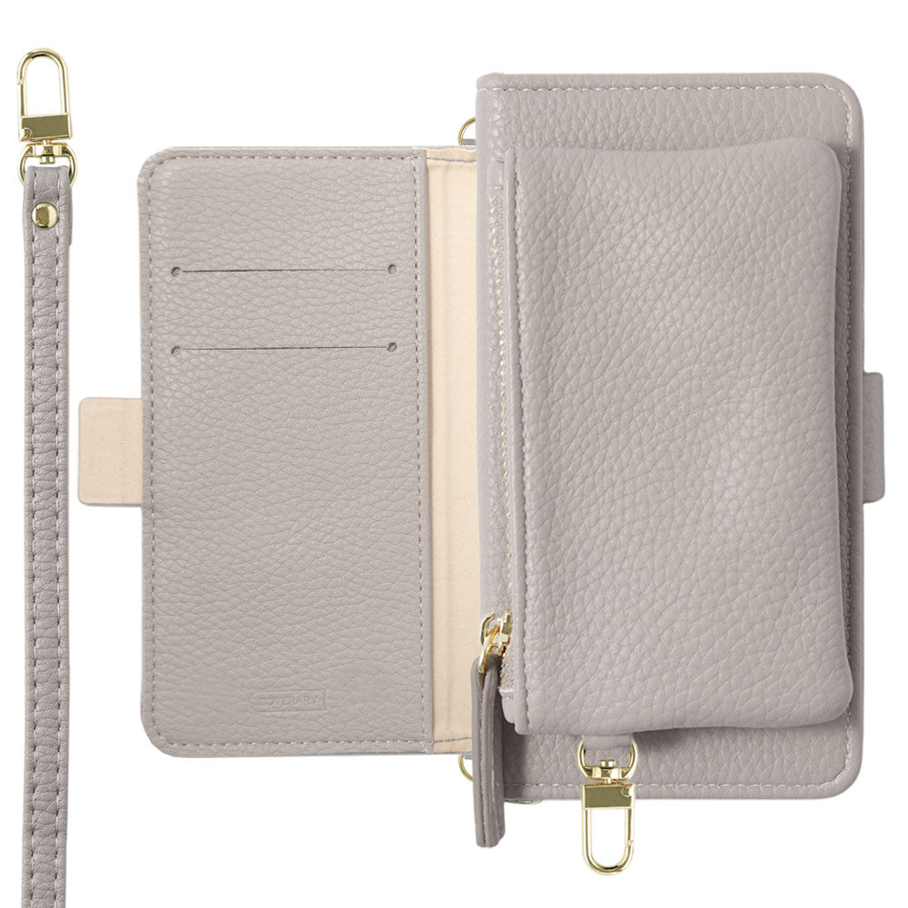 Vegan leather smoky color stand function pouch & shoulder strap included notebook-style case (with belt) AQUOS series